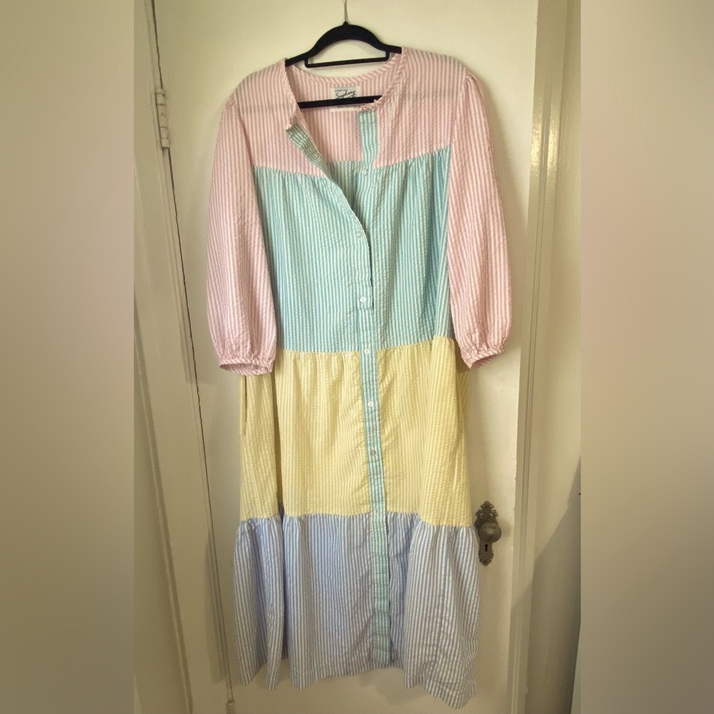 Vintage Seersucker Maxi Dress Striped XL